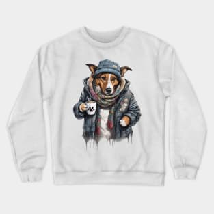 Dog wearing a jackets holding a cup coffee Crewneck Sweatshirt